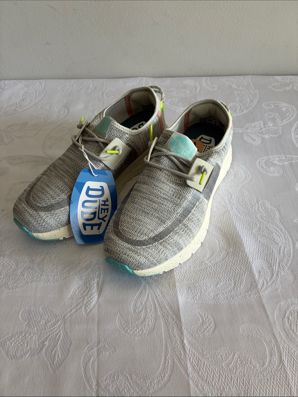 Hey Dude Women’s Gray Knit Slip-On Sneakers with Aqua and Neon Yellow Accents